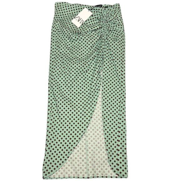 Zara Linen Polka Dot Skirt Midi Slit Ruched Brown Mini Pin Up Summer Rockabilly - Picture 10 of 10